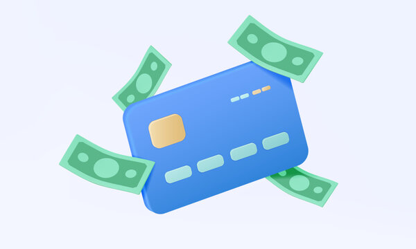 3d vector Credit or Debit card with banknotes floating on Pastel background. Online pay money cash back transfer Financial currency transactions system auto payments business investing illustration