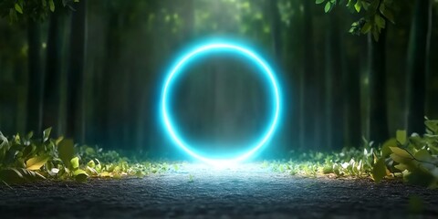 Obraz premium portal ring of blue energy hovering over mystical forest