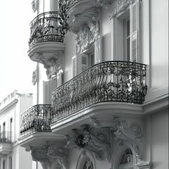 Ornate balconies adorn a classic white building.