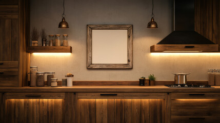 Rustic farmhouse kitchen with wooden cabinets and warm lighting