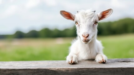 Fototapeta premium A white goat is laying on a wooden fence. The goat is looking at the camera with a curious expression