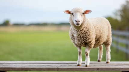 Obraz premium A white sheep stands on a wooden fence post. The sheep is looking at the camera. The scene is peaceful and calm
