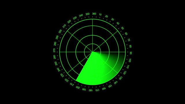 Radar screen animation on black background. Radar point to detect enemy position. green color Rader Hud technology signal waves animated. Location detection Military surveillance technology.