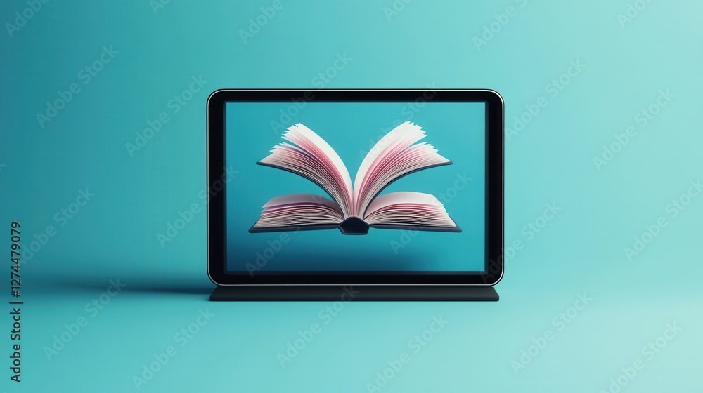 Poster digital tablet displaying an open book with pink pages on a soft blue background