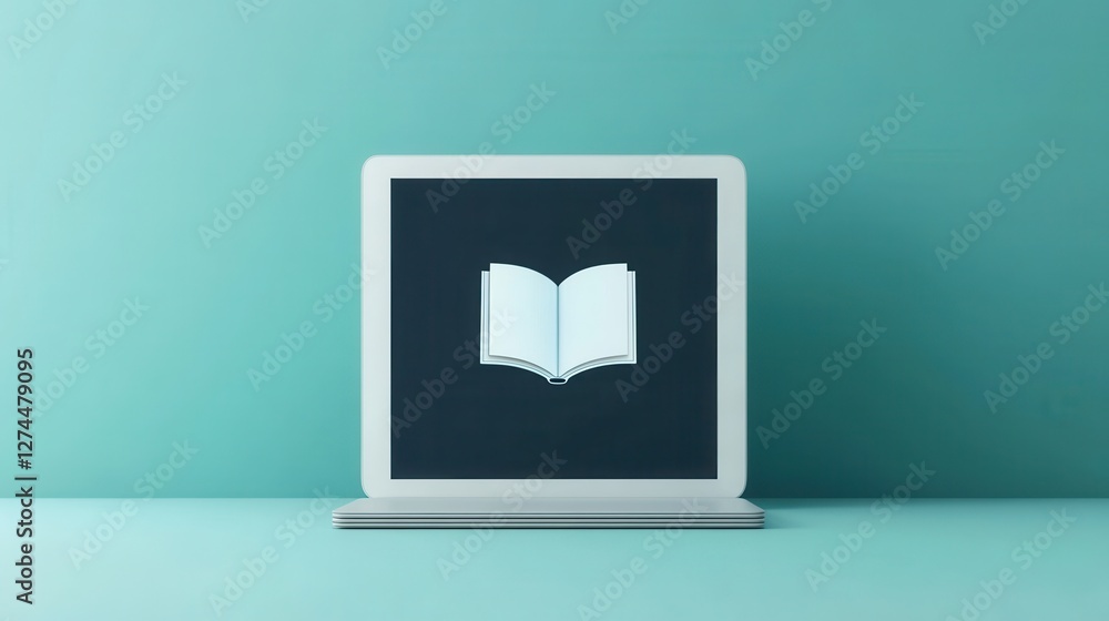 Poster open book icon on computer screen with teal background and minimalistic design aesthetics
