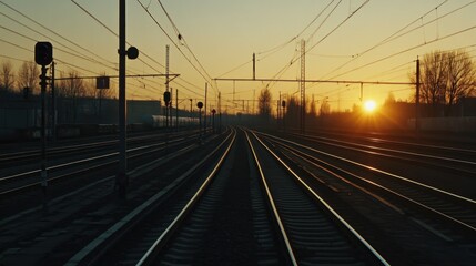 Obraz premium Sunset Over Railway Tracks: A Serene Golden Hour