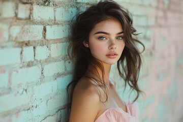 Fototapeta premium A young woman with freckles and long brown hair leans against a teal brick wall, wearing a pink dress.