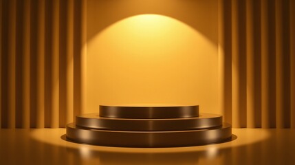 A circular platform with a golden hue, illuminated by a spotlight in a dimly lit room.