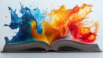 A book with colorful liquid splashes and paint flowing out of it, creating an abstract illustration of the concept of creativity in reading. The background is blue, creating a contrast between the col