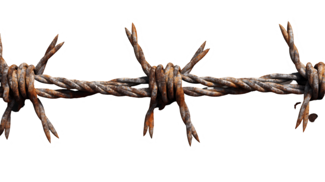 Rusty Barbed Wire Cracked Grey Wall Texture, Old Metal Fence for Rough Decay Themes, isolated on transparent background.