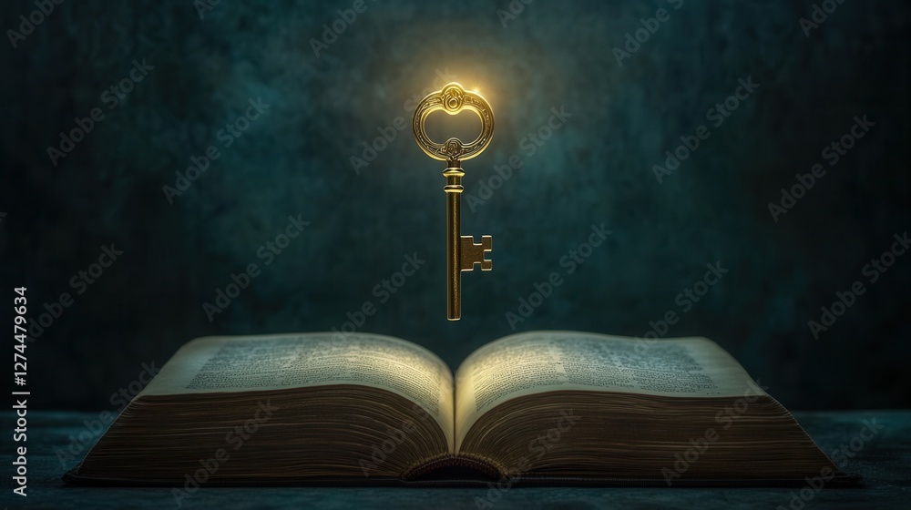 Poster golden key above open book with soft light and dark background for mystical concept