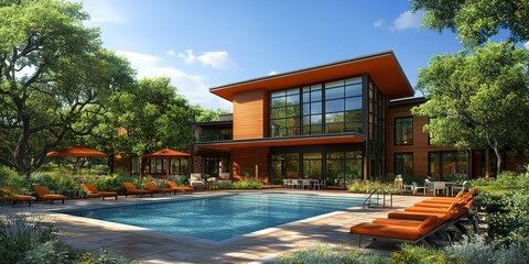 Modern luxury home with a swimming pool surrounded by greenery in a tranquil outdoor setting