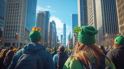 A festive scene of a St. Patrick's Day parade, featuring people dressed in green, shamrocks, and leprechaun hats, set against a lively city background.