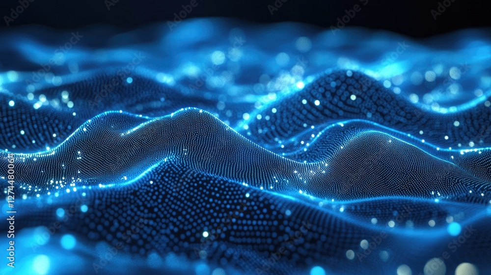 Poster abstract digital wave with glowing blue particles forming a futuristic surface. ideal for technology
