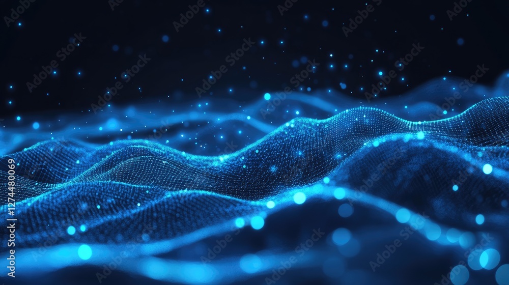 Poster abstract digital wave with glowing blue particles forming a futuristic landscape. ideal for technolo