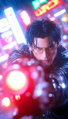 Man aiming gun in neon-lit city at night.  Possible use Stock photo for action movie or cyberpunk theme