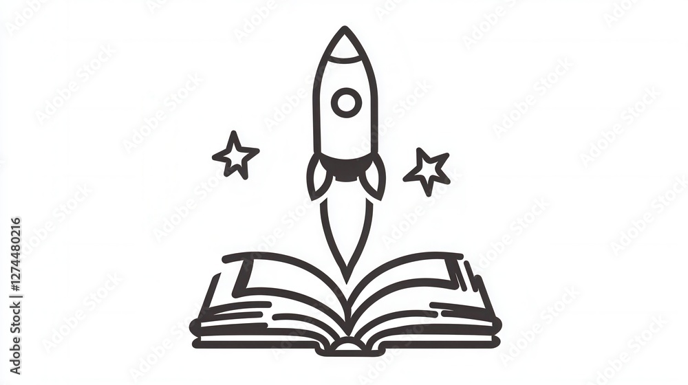 Aufkleber creative concept of a rocket launching from an open book representing knowledge and imagination