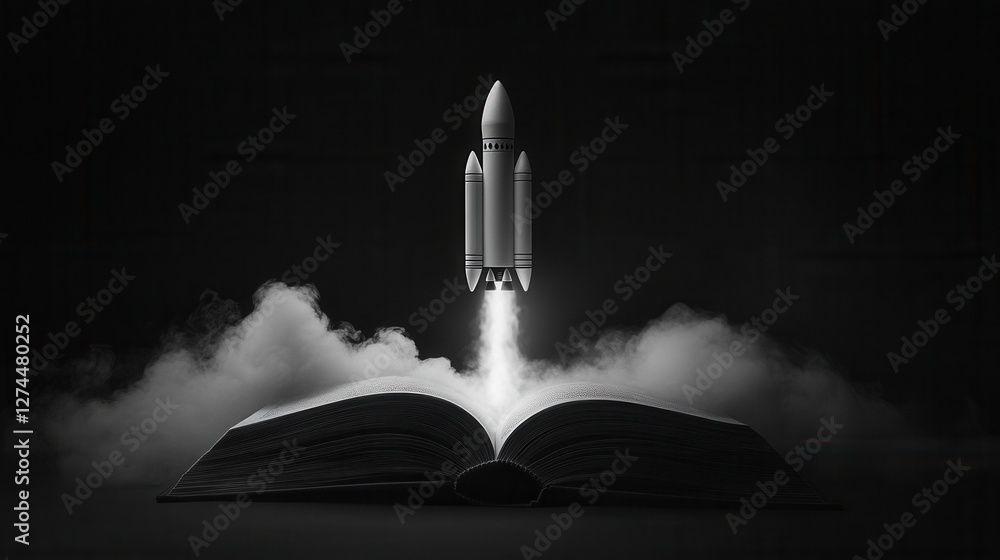 Aufkleber rocket launching from open book symbolizing knowledge and imagination in black and white