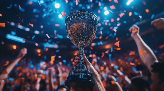 The trophy for the March Madness tournament being held high by the winning team, surrounded by confetti and cheering fans in the arena.