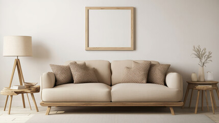 Cozy beige sofa with decorative pillows in minimalist room