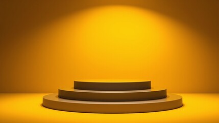 Fototapeta premium The image depicts a minimalist stage setup with two concentric circular platforms illuminated in a monochromatic yellow hue.