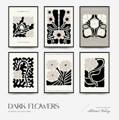 Abstract dark floral posters template. Modern trendy Matisse minimal style. Black and white colors. Hand drawn design for wallpaper, wall decor, print, postcard, cover, template, banner.