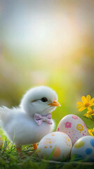 Cute chick with Easter bow tie among decorated eggs in spring meadow