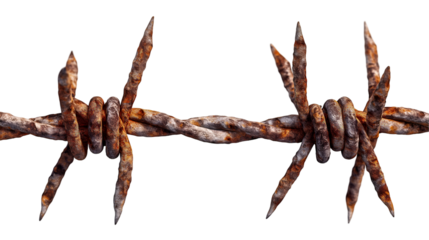 Rusty Barbed Wire Closeup on White, Aged Iron Fence for Sharp and Detailed Themes, isolated on transparent background.