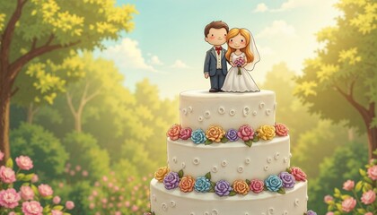 Whimsical wedding cake with couple figurines and colorful rose decorations in a garden setting