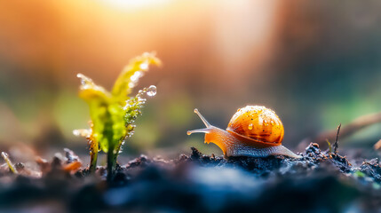 Snail moving slowly on wet ground, spring golden sunrise, macro shot of snail , tiny snail in the spring forest. For mindfulness content, eco-friendly products, nature awakening visuals.