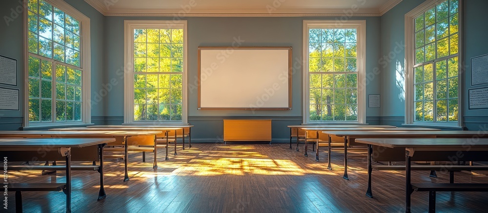 Poster empty classroom with sunlight streaming through windows. (1)