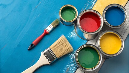 Colorful Open Paint Cans with Brushes on a Bold Red Background – Vibrant Art and DIY Creativity Theme for Painting Projects