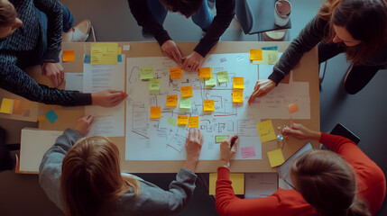 Top view of a diverse team of members gathered around a table, with a flowchart and sticky notes displayed
