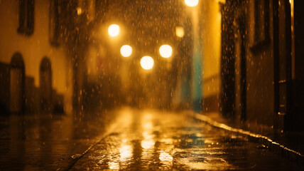 Blurred city lights reflecting on wet pavement during a rainy night with warm golden tones