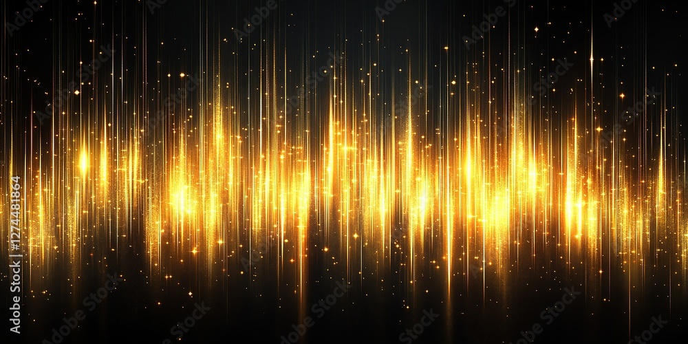 Poster golden sound waves creating a vibrant display of energy and light in a dark background environment