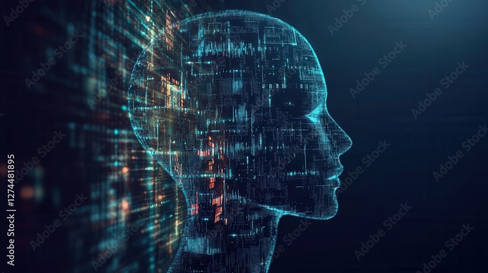 Poster futuristic human profile with digital data streams and abstract light effects in background