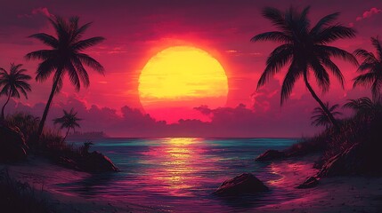 Obraz premium Cyberpunk beach scene with neon palm trees high resolution hd image