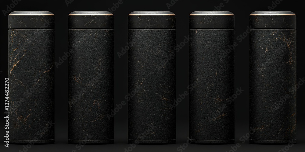 Poster unique black cylindrical containers displayed in a row against a dark backdrop showcasing their eleg