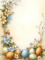 Easter card featuring colorful eggs, spring flowers, and a bird on a soft pastel background
