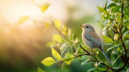 Obraz premium Fluffy baby bluebird chirping on a branch in golden sunlight