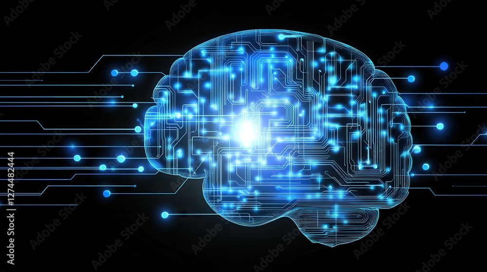 Poster futuristic illustration of a brain with digital technology and data flow on a dark background