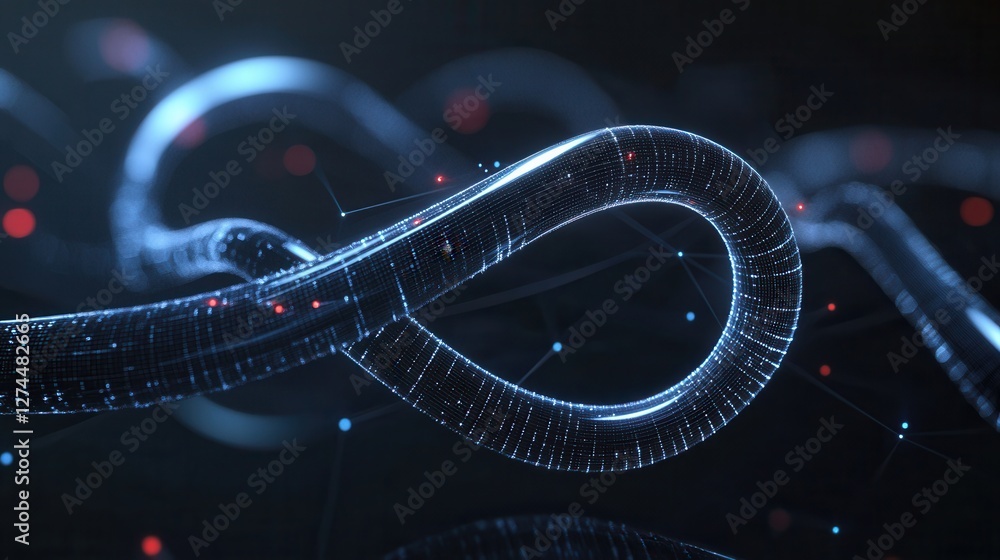 Poster futuristic curving light trails with data points in dark background for technology and innovation