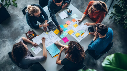 Top view of a diverse team of members gathered around a table, with a flowchart and sticky notes displayed

