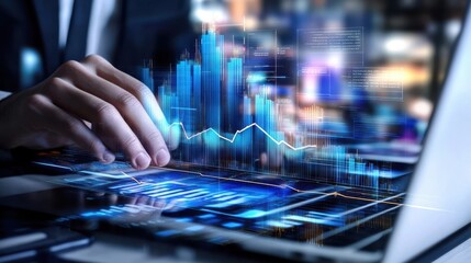 Businessman analyzing financial data and graphs on laptop displayed on the screen.