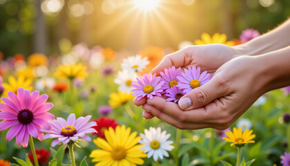 Hands holding colorful flowers in serene garden at sunrise, beauty of nature