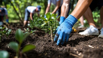Volunteers planting trees in park, environmental initiative