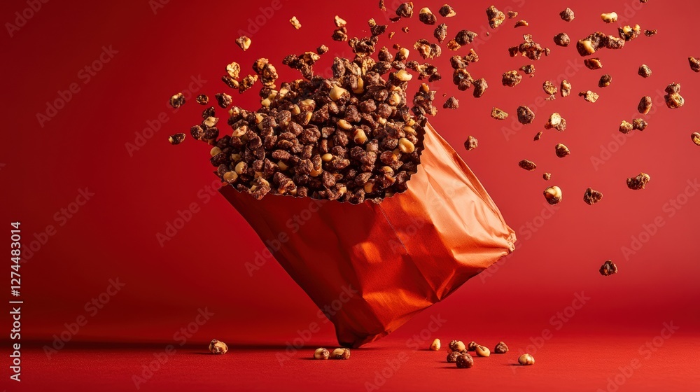 Poster a vibrant red backdrop showcases a dynamic scene of popcorn spilling from an orange bag, creating a 