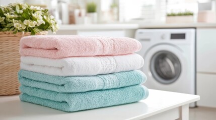 A neatly folded stack of pastel-colored towels in a laundry room with a washing machine in the background.
