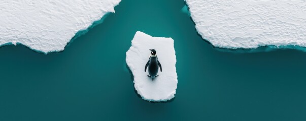 Lone penguin on thinning ice antarctic waters nature photography melting glacier environment aerial view climate change concept