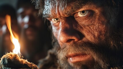 Obraz premium A rugged male with intense eyes holds a flame, showcasing a primal expression in a dimly lit, ancient setting, evoking a sense of survival and raw power.